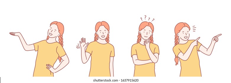 Promotion, greeting, thinking, showing set concept. Happy girl is giving promotion or proposal. Child is greeting with hand. Pensive kid is dreaming or thinking about problem. Simple flat vector