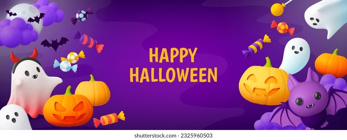 Promotion halloween banner, 3d ghost candy and pumpkin. Horror happy party characters, spooky bats and ghosts. Pithy render vector background