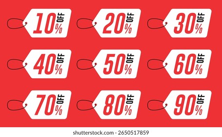 Promotion hold tag. Special offer discount on red tags shapes with different value percent off 90, 80, 70, 60,  50, 40,  30, 20, and 10%.