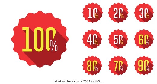 Promotion hold tag. Special offer discount on red tags shapes with different value percent off 90, 80, 70, 60, 50, 40, 30, 20, and 10