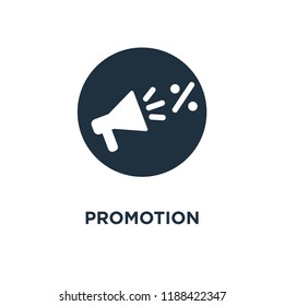 Promotion icon. Black filled vector illustration. Promotion symbol on white background. Can be used in web and mobile.