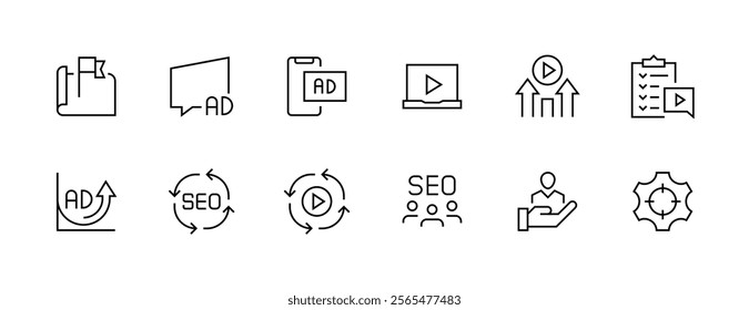 Promotion icon collection. Advertising icon set. Digital marketing, public relations, focus, research, search engine optimization and more. Editable stroke. Pixel Perfect. Grid base 32px.