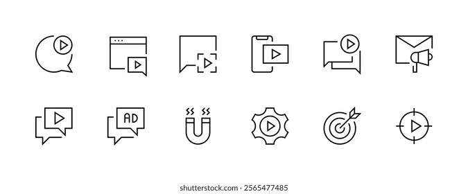 Promotion icon collection. Advertising icon set. Digital marketing, public relations, focus, research, search engine optimization and more. Editable stroke. Pixel Perfect. Grid base 32px.