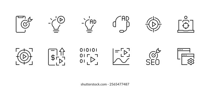 Promotion icon collection. Advertising icon set. Digital marketing, public relations, focus, research, search engine optimization and more. Editable stroke. Pixel Perfect. Grid base 32px.