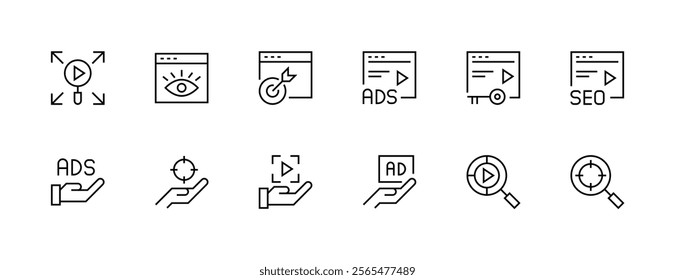 Promotion icon collection. Advertising icon set. Digital marketing, public relations, focus, research, search engine optimization and more. Editable stroke. Pixel Perfect. Grid base 32px.