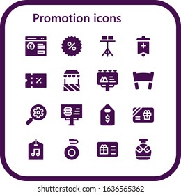 promotion icon set. 16 filled promotion icons. Included Pop up, Coupon, Stand, Banner, Billboard, Seo, Price tag, Gift card, Label, Canteen icons