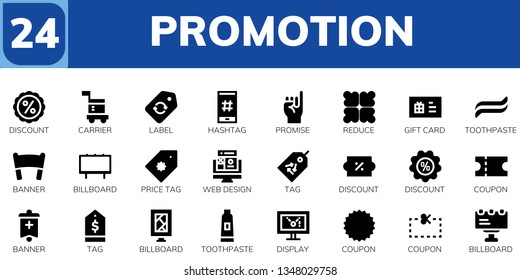 promotion icon set. 24 filled promotion icons.  Simple modern icons about  - Discount, Carrier, Label, Hashtag, Promise, Reduce, Gift card, Toothpaste, Banner, Billboard, Price tag