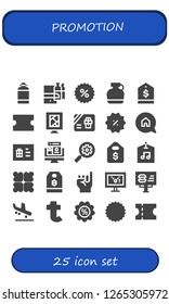  promotion icon set. 25 filled promotion icons. Simple modern icons about  - Canteen, Shopping online, Coupon, Tag, Billboard, Gift card, Discount, Advertising, Web design, Seo