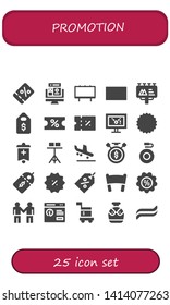 promotion icon set. 25 filled promotion icons.  Simple modern icons about  - Coupon, Web design, Billboard, Gift card, Price tag, Display, Banner, Stand, Arrival, Sale time, Canteen