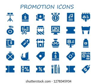  promotion icon set. 30 filled promotion icons. Simple modern icons about  - Stand, Tag, Banner, Sale time, Poster, Billboard, Canteen, Voucher, Web design, Coupon, Discount, Price label