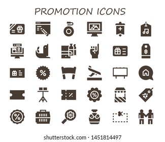 promotion icon set. 30 filled promotion icons.  Simple modern icons about  - Gift card, Web design, Canteen, Banner, Label, Seal, Shopping online, Promise, Price tag, Coupon, Arrival