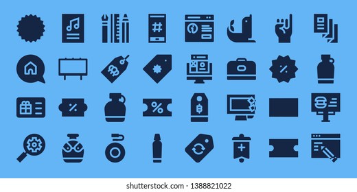 promotion icon set. 32 filled promotion icons. on blue background style Collection Of - Coupon, Advertising, Gift card, Seo, Poster, Billboard, Discount, Canteen, Web design, Tag