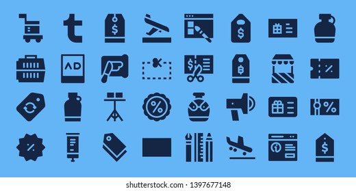 promotion icon set. 32 filled promotion icons. on blue background style Simple modern icons about  - Carrier, Label, Discount, Tumblr, Ads, Canteen, Roll up, Tag, Spreading, Stand