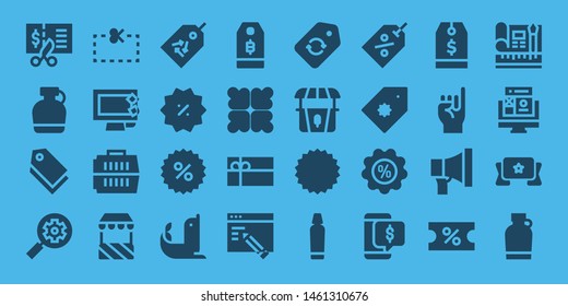 promotion icon set. 32 filled promotion icons. on blue background style Collection Of - Voucher, Canteen, Tag, Seo, Coupon, Display, Carrier, Stand, Discount, Seal, Price tag