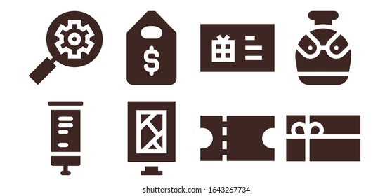 promotion icon set. 8 filled promotion icons.  Simple modern icons such as: Roll up, Seo, Billboard, Price tag, Coupon, Gift card, Canteen