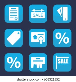 Promotion icon. set of 9 filled promotion icons such as tag, sale tag, bill of house sell, bill of house, ad, percent