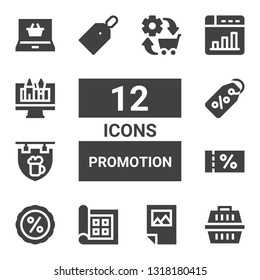 promotion icon set. Collection of 12 filled promotion icons included Carrier, Poster, Display, Discount, Voucher, Signboard, Label, Price tag, Web design, Shopping online, Commerce