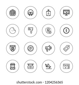 Promotion icon set. collection of 16 outline promotion icons with badge, arrival, carrier, canteen, display, label, promotion, seller, stand, tag, seal, signboard icons.