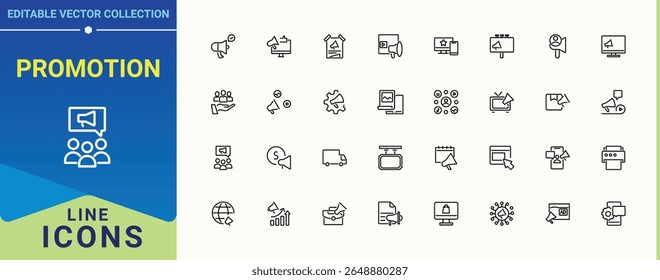 Ícone de promoção definido. Contém símbolos como anúncios, marketing, mercado, negócios, campanha e muito mais. Adiciona um conjunto de ícones de linha de vetor. Ícones de linha com traçado editável. Ilustração vetorial.