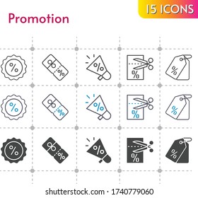promotion icon set. included megaphone, voucher, price tag, discount icons on white background. linear, bicolor, filled styles.