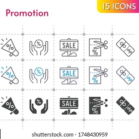 promotion icon set. included megaphone, sale, voucher, discount icons on white background. linear, bicolor, filled styles.