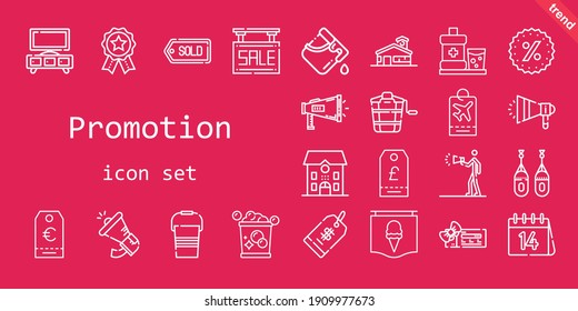 conjunto de iconos de promoción. estilo de icono de línea. íconos relacionados con la promoción como megáfono, enjuague bucal, vales, publicidad, balde, insignias, venta, promociones, escuela, precio, boxeo, etiqueta, stand, valentines day