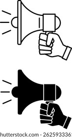 Ícones de Promoção. Ilustração de vetor em preto e branco. Megafone em Human Hand. Publicidade e Marketing. Conceito Trabalho e Negócios