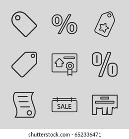 Promotion icons set. set of 9 promotion outline icons such as tag, sale tag, bill of house sell, percent