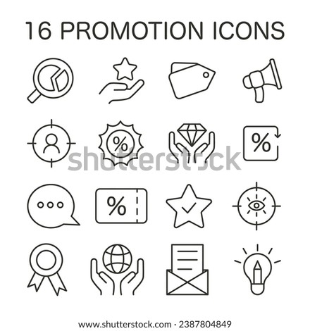 Promotion icons set. Collection of digital marketing and advertising symbols. Discount tags, engagement, target audience, and strategy tools. Flat vector illustration