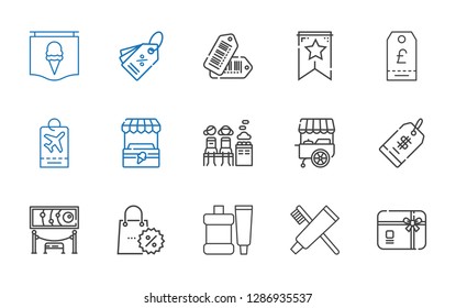 promotion icons set. Collection of promotion with gift card, toothpaste, promotions, exhibition, price tag, stand, women only, tag, banner. Editable and scalable promotion icons.