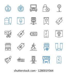 promotion icons set. Collection of promotion with tag, exhibition, billboard, voucher, toothpaste, stand, poster, price tag, discount, banner. Editable and scalable promotion icons.