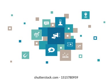 Promotion Infographic 10 steps pixel design.advertising, sales, lead conversion, attract icons