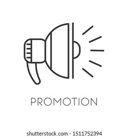 Promotion isolated linear icon, loudspeaker or bullhorn vector. Megaphone outline symbol, advertising and marketing, announcing and warning. Alert and broadcasting, propaganda speech, communication