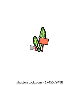 Promotion Kale Hold Megaphone and Board  Cartoon Character Vector Illustration Design. Outline, Cute, Funny Style. Recomended For Children Book, Cover Book, And Other.