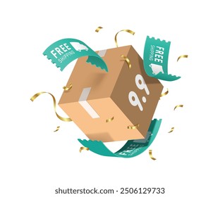 promotion label Free shipping green floating in the air around a parcel box or cardboard box for mega sale 9.9 campaign advertising design, vector 3d isolated for delivery, online shopping design