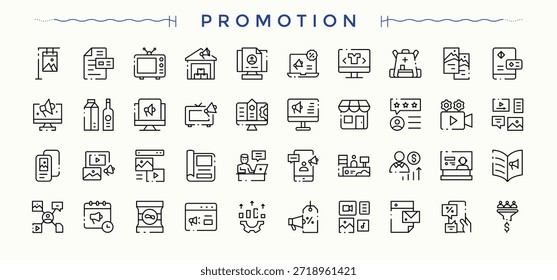 Conjunto de iconos de línea de promoción. Conjunto de iconos de marketing digital. Iconos de línea con trazo editable. Contiene símbolos lineales de publicidad, campaña de publicidad de marketing, marketing digital, impulso, marketing en redes sociales, promoción de ventas y más. Arte vectorial de trazo editable.