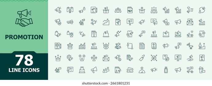 Ícone de linha de promoção definido. Ícones mínimos definidos. Pacote de campanha de publicidade online, campanha, marketing digital, impulsionar, marketing de mídia social. Traçado editável. Conjunto de ícones de marketing.