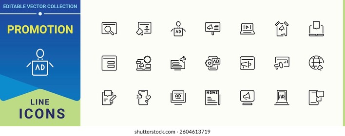 Promotion linear icon. Contains such symbols as mobile, market, online marketing, business, marketing. Advertising modern icon. UI icons set in a thin style. Editable stroke.