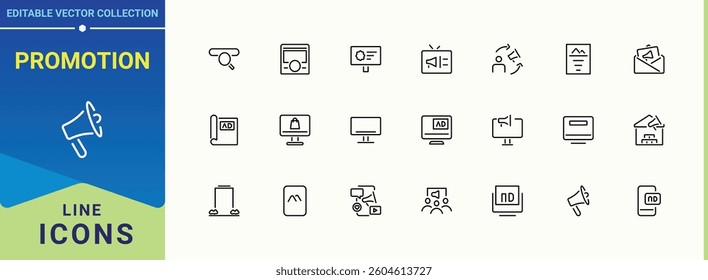 Promotion linear icon. Contains such symbols as mobile, market, online marketing, business, marketing. Advertising modern icon. UI icons set in a thin style. Editable stroke.