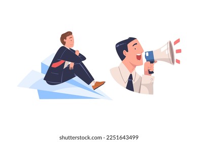 Promotion with Man Character Engaged in Marketing and Advertisement Campaign Shouting in Megaphone and Flying on Paper Plane Vector Set