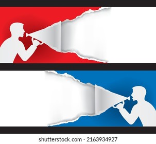 Promotion Man with megaphone ripping paper.
Illustration of two long backgrounds with stylized male silhouette. Template for advertising banner. Vector available