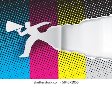 Promotion Man ripped paper with print colors.
Paper male silhouette advertises color printing with megaphone.Place for your text or image. Vector illustration.