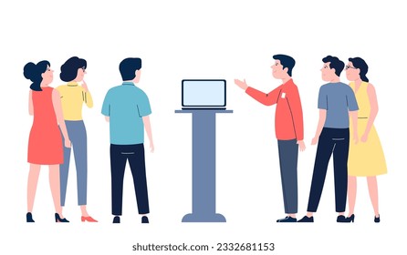 Promotion man in store or exhibit. Product sample promo for people group, stand on exhibition. Consumer and promoter, recent vector ad scene