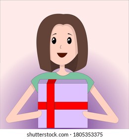 Promotion, marketing, advertising, gift, holiday concept. Young happy smiling woman or girl customer character standing with gifting voucher. Birthday present and discounts or shop sales illustration.