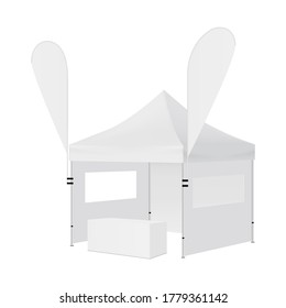 Promotion marquee with hanging flags and table for commercial event. Vector illustration