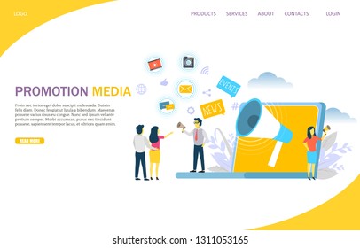 Promotion media vector website template, web page and landing page design for website and mobile site development. Events, news speech bubbles, people shouting through megaphones. Online announcements