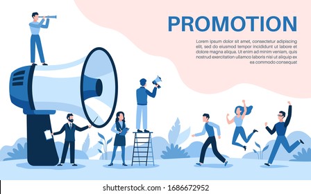 Promotion with megaphone. Big loudspeaker, promoter speaks people, attracts investors and businessmen, social media marketing vector online business concept - Shutterstock ID 1686672952