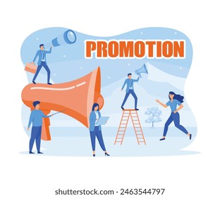 Promotion with megaphone. Big loudspeaker, promoter speaks people, attracts investors and businessmen. Social media marketing online business concept. flat vector modern illustration
