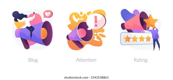 Promotion methods icons set. Popular blogger, public announcement, service quality evaluation system. Blog, attention, rating metaphors. Vector isolated concept metaphor illustrations