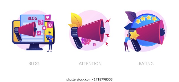 Promotion methods icons set. Popular blogger, public announcement, service quality evaluation system. Blog, attention, rating metaphors. Vector isolated concept metaphor illustrations